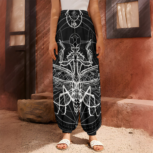 Black And White Mantis Spirit Print Harem Pants