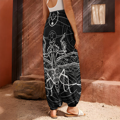 Black And White Mantis Spirit Print Harem Pants