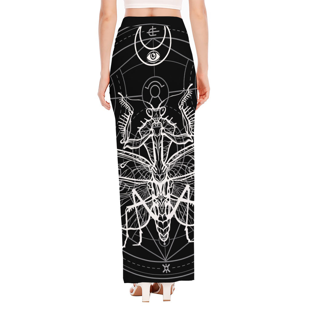 Black And White Mantis Spirit Print High Slit Maxi Skirt