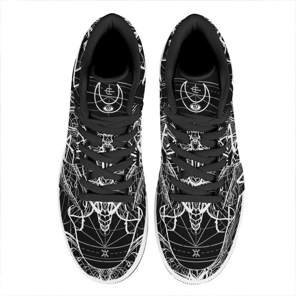 Black And White Mantis Spirit Print High Top Leather Sneakers