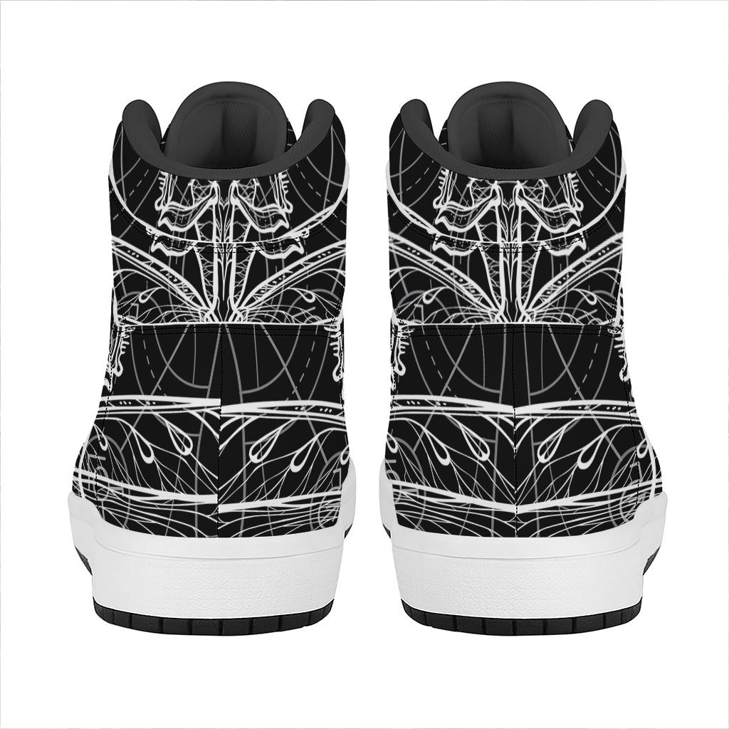 Black And White Mantis Spirit Print High Top Leather Sneakers