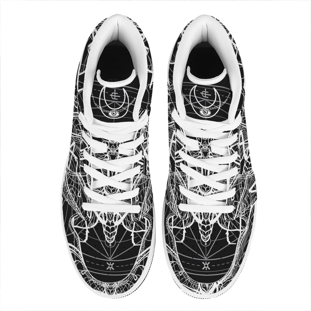 Black And White Mantis Spirit Print High Top Leather Sneakers