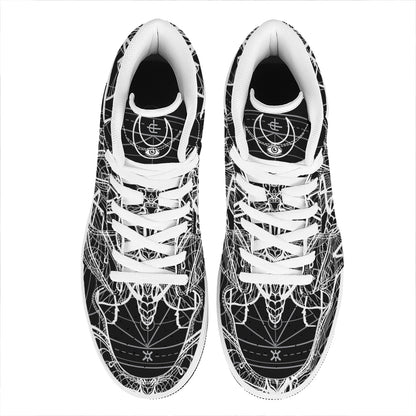 Black And White Mantis Spirit Print High Top Leather Sneakers
