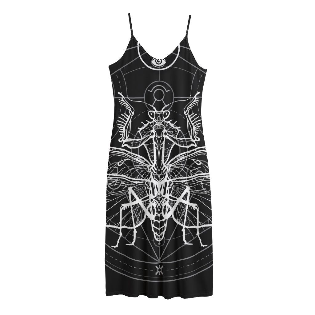 Black And White Mantis Spirit Print Jersey Midi Cami Dress