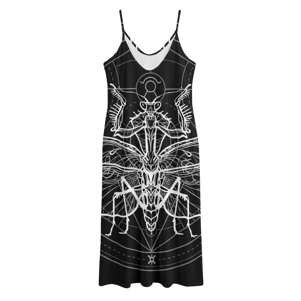 Black And White Mantis Spirit Print Jersey Midi Cami Dress