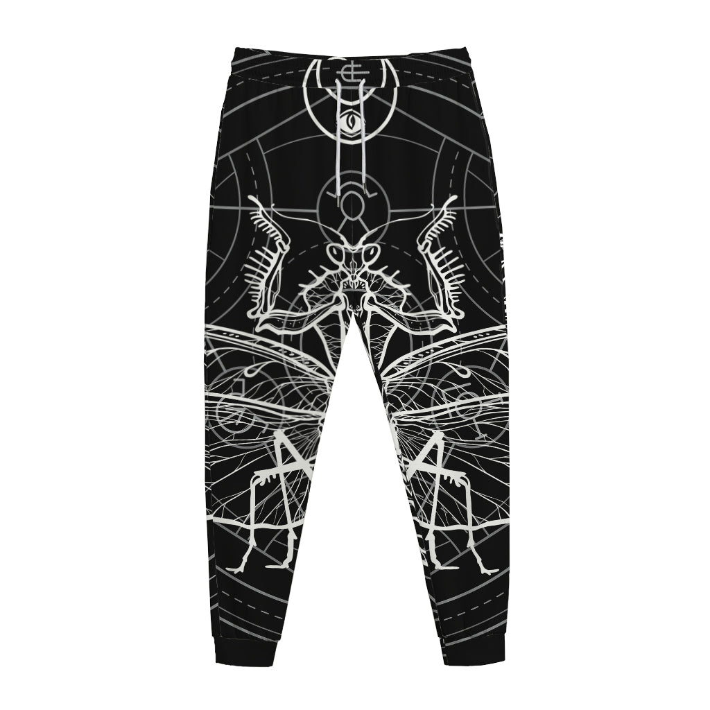 Black And White Mantis Spirit Print Jogger Pants