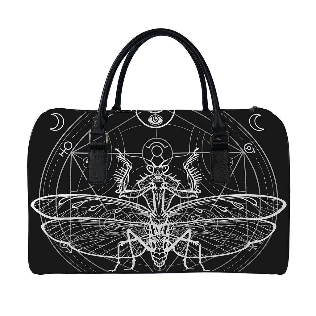 Black And White Mantis Spirit Print Leather Duffle Bag