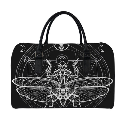 Black And White Mantis Spirit Print Leather Duffle Bag