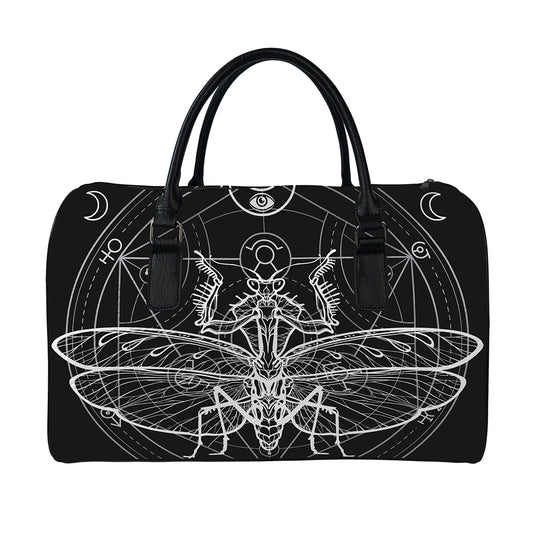 Black And White Mantis Spirit Print Leather Duffle Bag