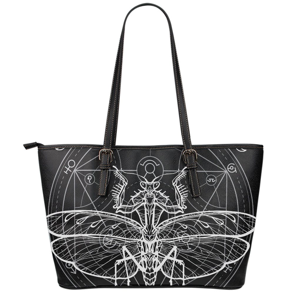 Black And White Mantis Spirit Print Leather Tote Bag