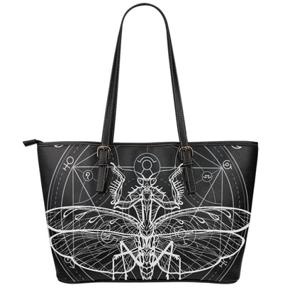 Black And White Mantis Spirit Print Leather Tote Bag