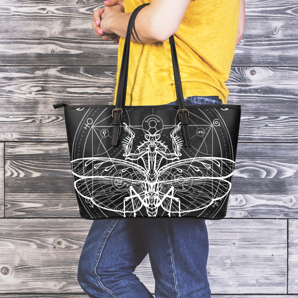 Black And White Mantis Spirit Print Leather Tote Bag