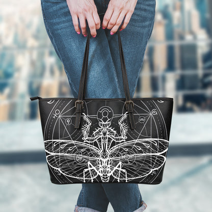 Black And White Mantis Spirit Print Leather Tote Bag