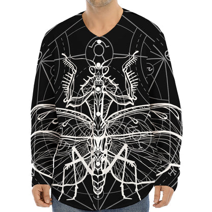 Black And White Mantis Spirit Print Long Sleeve Baseball Jersey