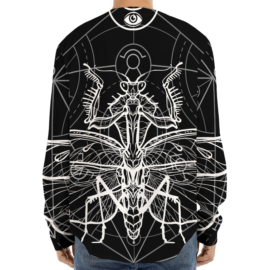 Black And White Mantis Spirit Print Long Sleeve Baseball Jersey