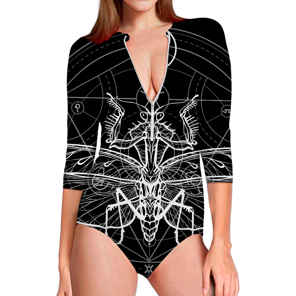 Black And White Mantis Spirit Print Long Sleeve Swimsuit