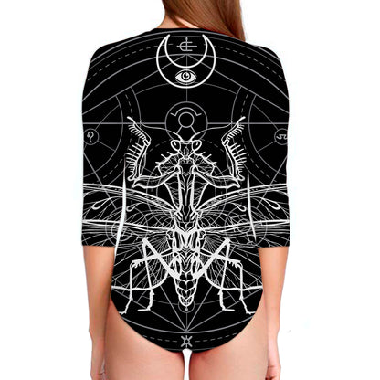 Black And White Mantis Spirit Print Long Sleeve Swimsuit