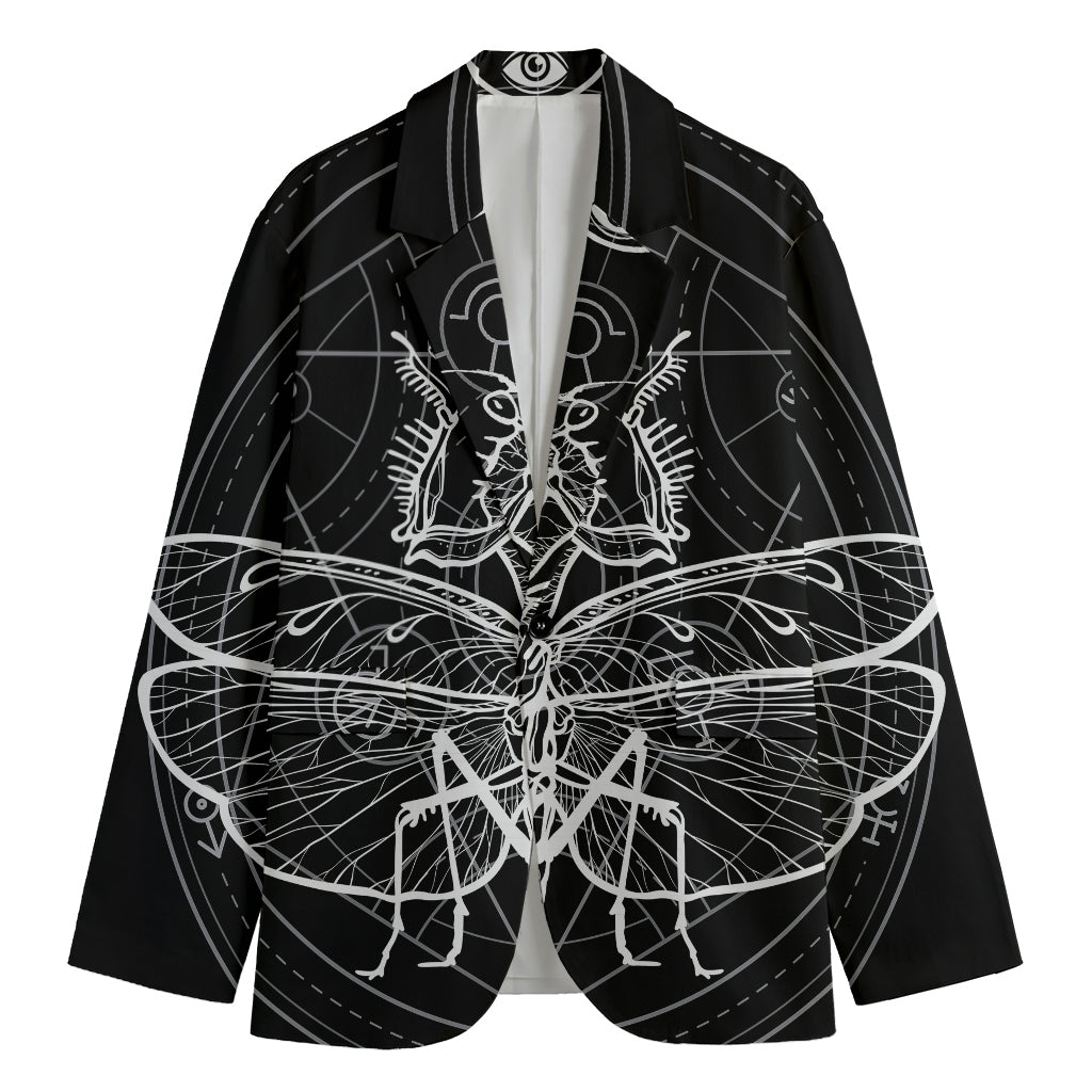 Black And White Mantis Spirit Print Men's Cotton Blazer