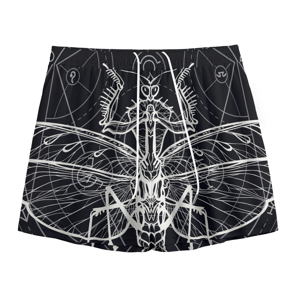 Black And White Mantis Spirit Print Mesh Shorts