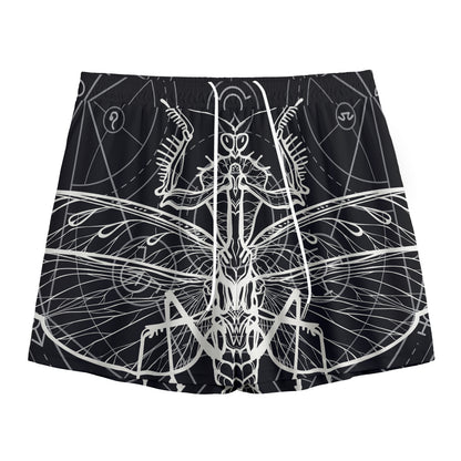 Black And White Mantis Spirit Print Mesh Shorts