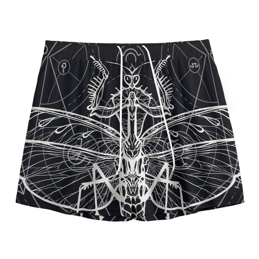 Black And White Mantis Spirit Print Mesh Shorts
