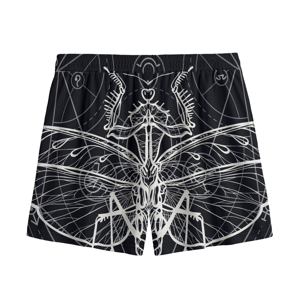 Black And White Mantis Spirit Print Mesh Shorts