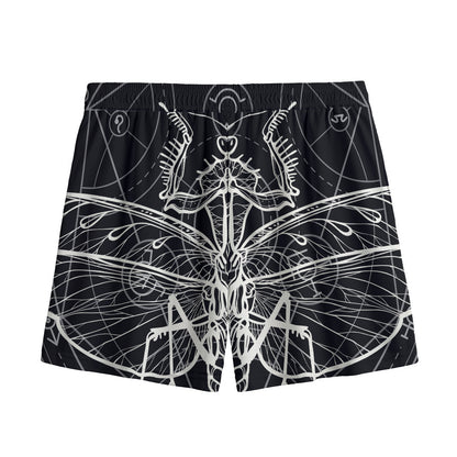 Black And White Mantis Spirit Print Mesh Shorts