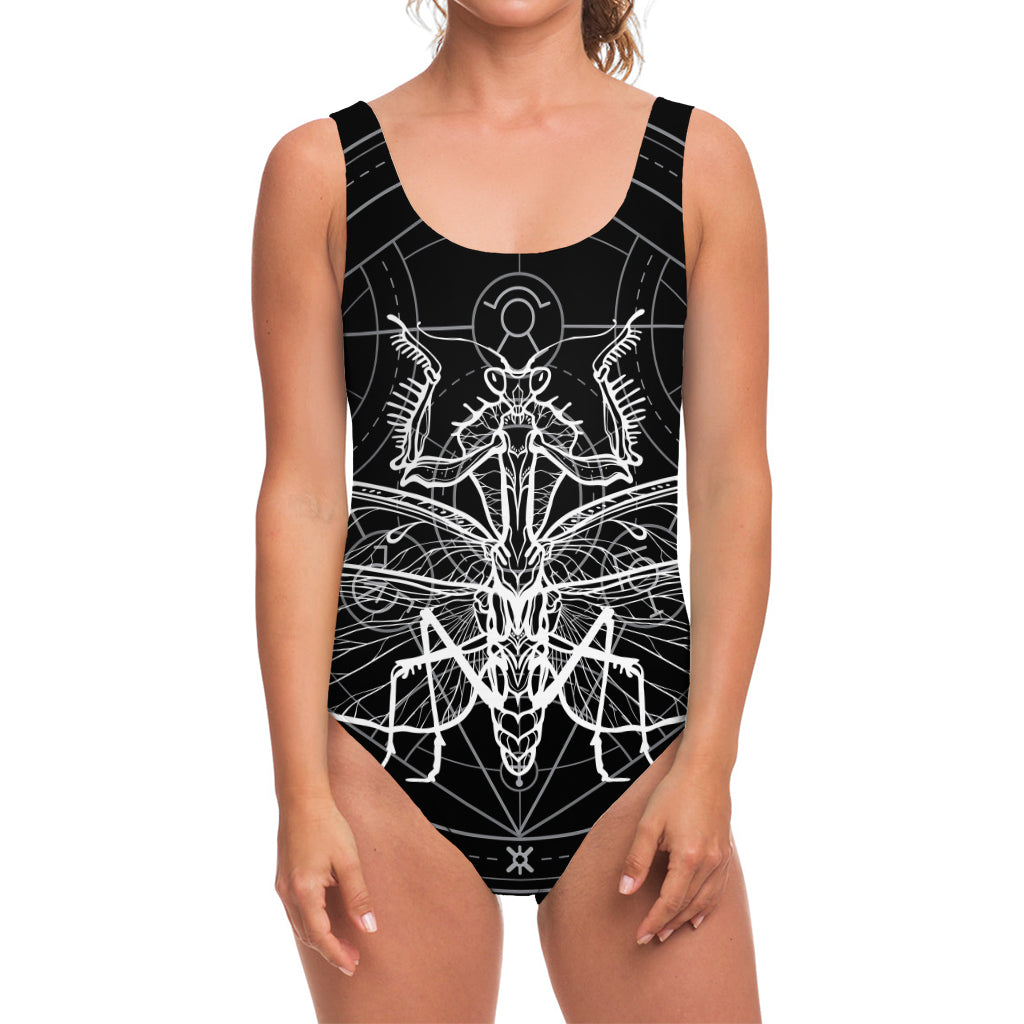 Black And White Mantis Spirit Print One Piece Swimsuit