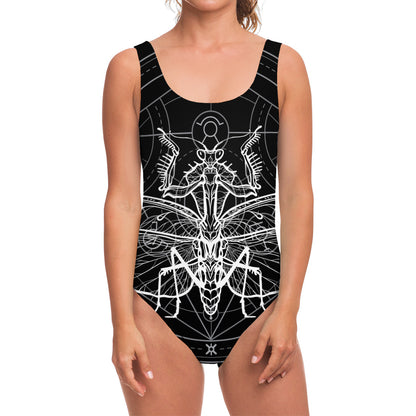 Black And White Mantis Spirit Print One Piece Swimsuit