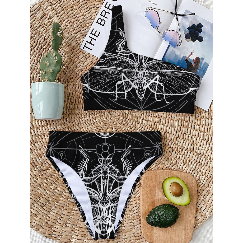 Black And White Mantis Spirit Print One Shoulder Bikini Top