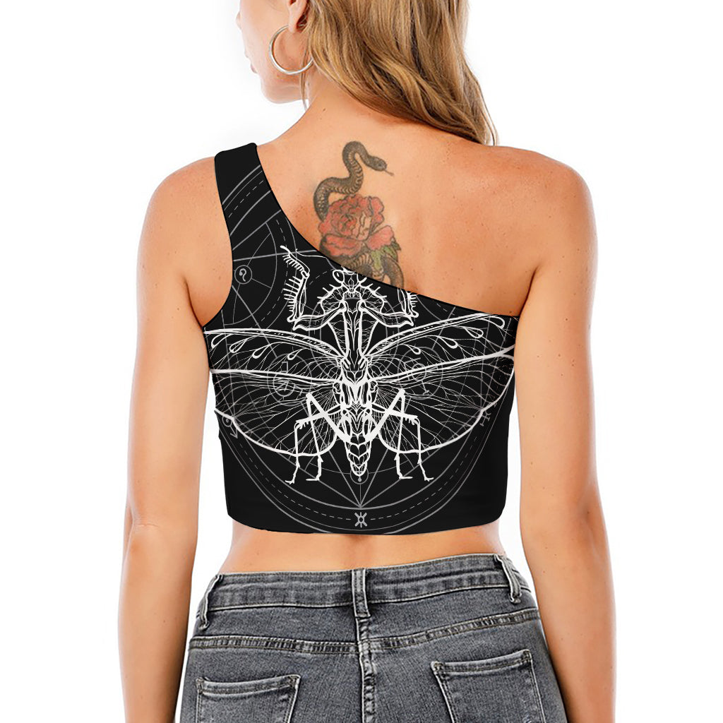 Black And White Mantis Spirit Print One Shoulder Crop Top