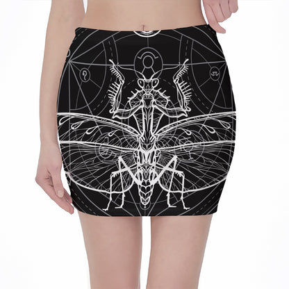 Black And White Mantis Spirit Print Pencil Mini Skirt