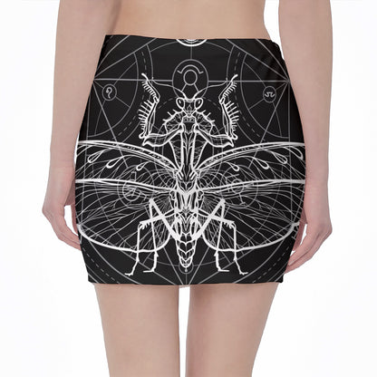 Black And White Mantis Spirit Print Pencil Mini Skirt