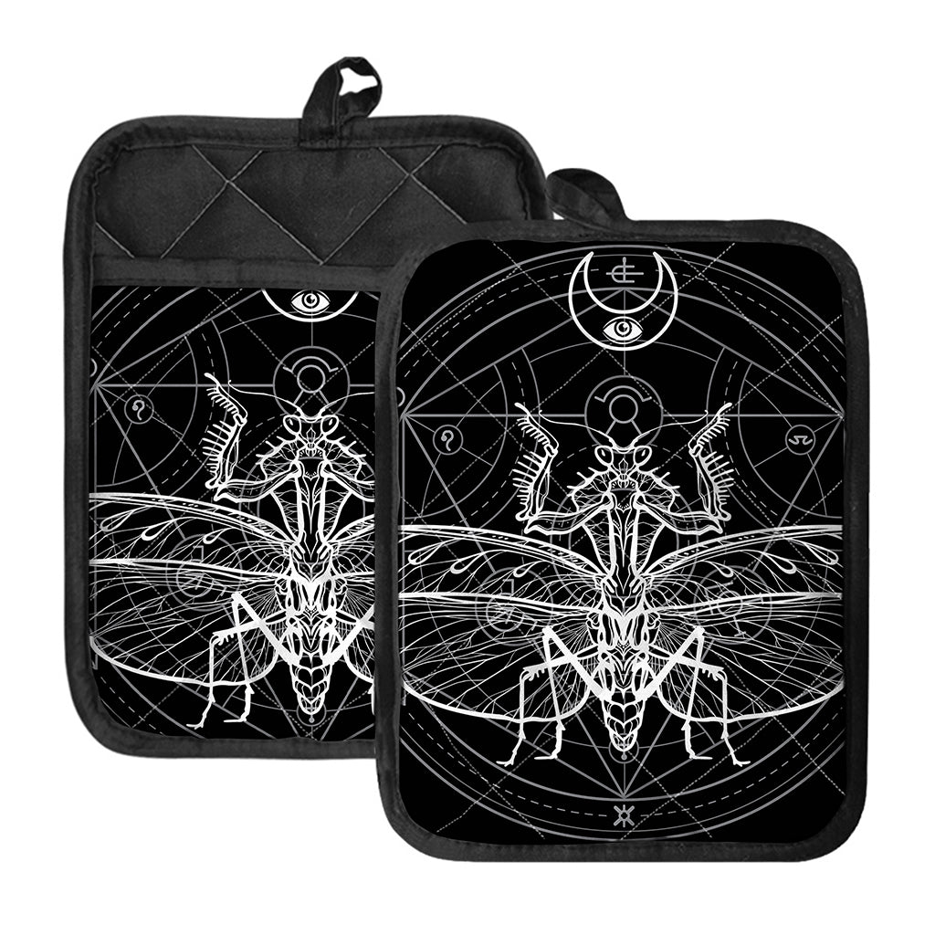 Black And White Mantis Spirit Print Pot Holders With Pocket