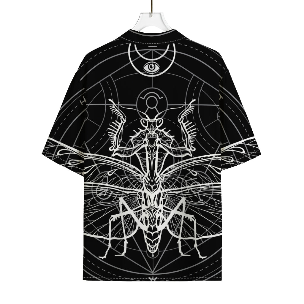 Black And White Mantis Spirit Print Rayon Hawaiian Shirt