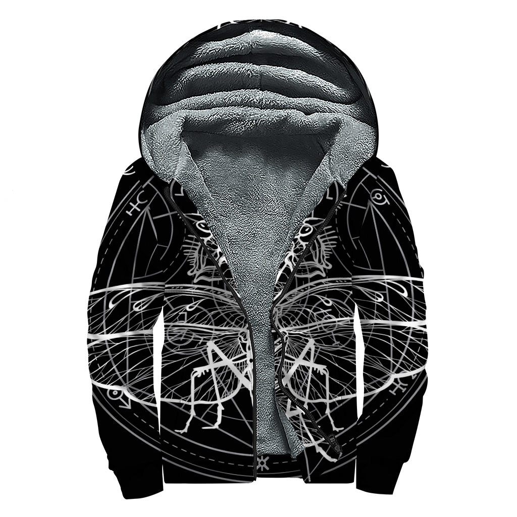 Black And White Mantis Spirit Print Sherpa Lined Zip Up Hoodie