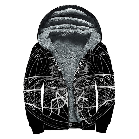 Black And White Mantis Spirit Print Sherpa Lined Zip Up Hoodie