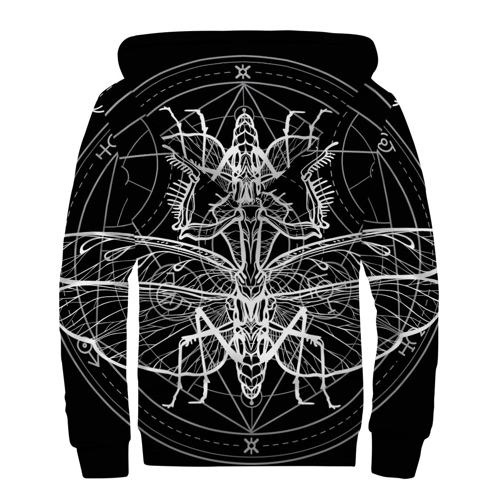 Black And White Mantis Spirit Print Sherpa Lined Zip Up Hoodie