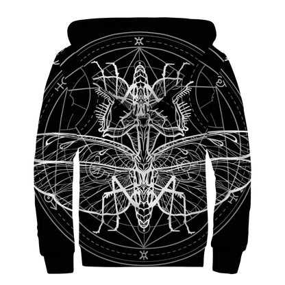 Black And White Mantis Spirit Print Sherpa Lined Zip Up Hoodie
