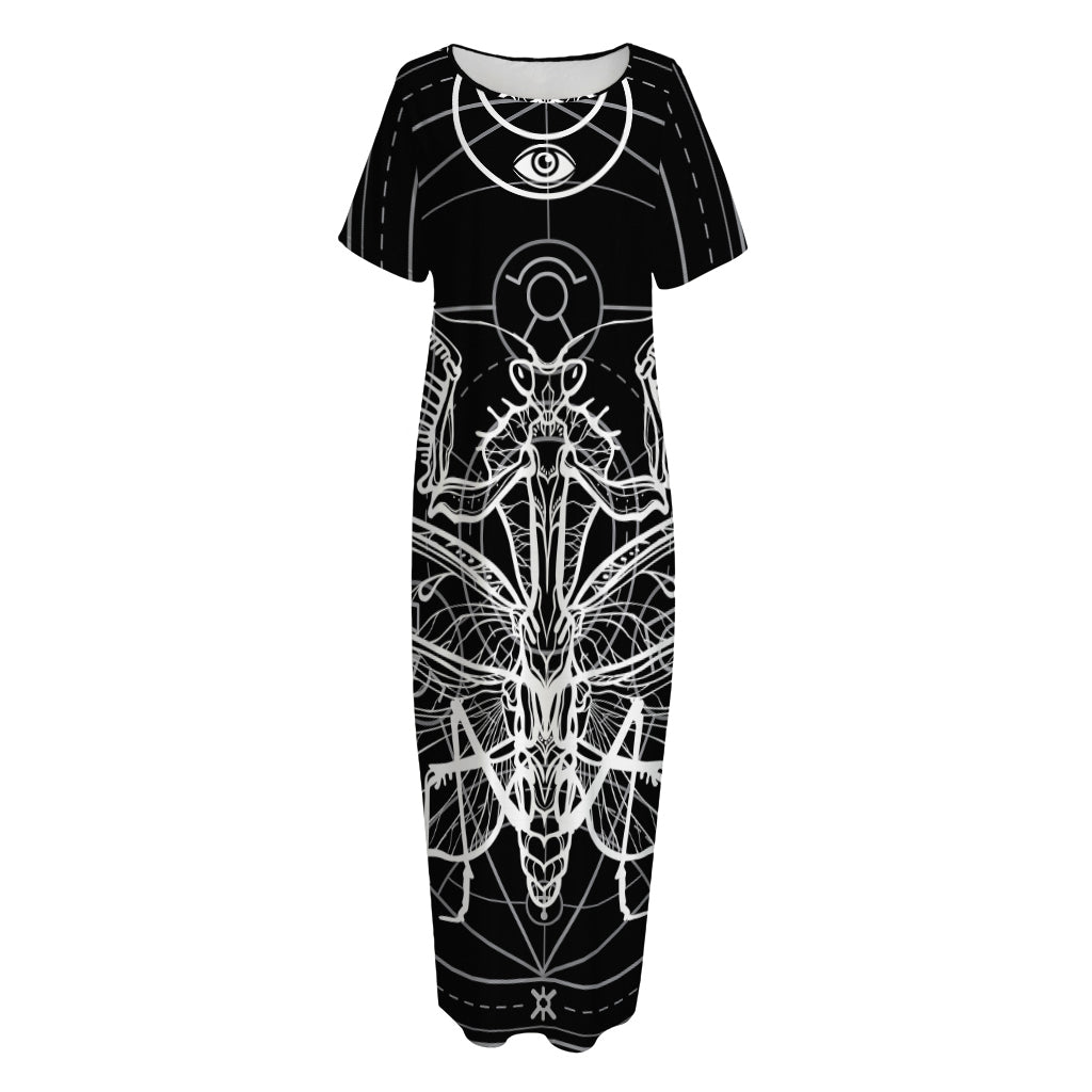 Black And White Mantis Spirit Print Short Sleeve Long Nightdress