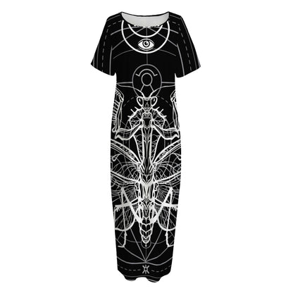 Black And White Mantis Spirit Print Short Sleeve Long Nightdress