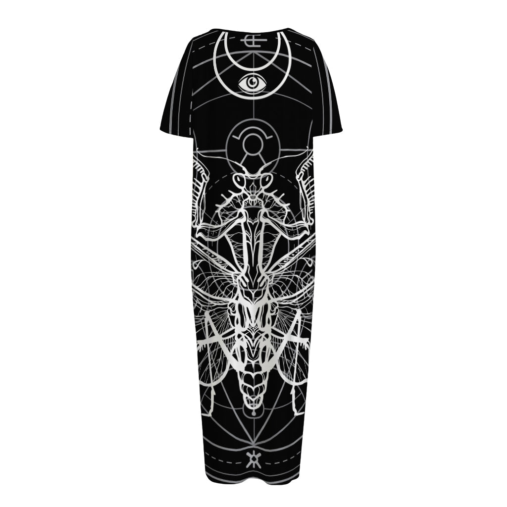 Black And White Mantis Spirit Print Short Sleeve Long Nightdress