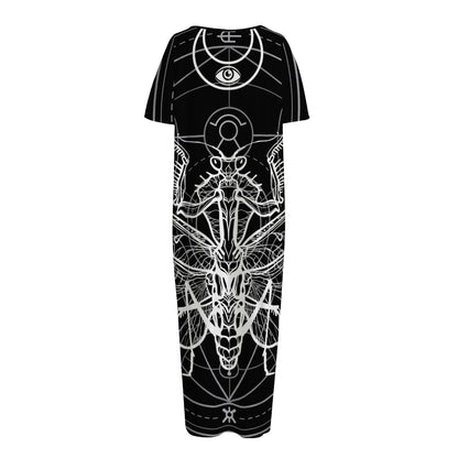 Black And White Mantis Spirit Print Short Sleeve Long Nightdress