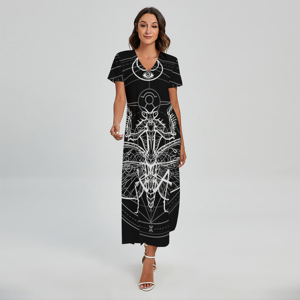 Black And White Mantis Spirit Print Short Sleeve Maxi Dress