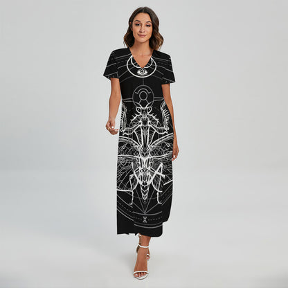 Black And White Mantis Spirit Print Short Sleeve Maxi Dress