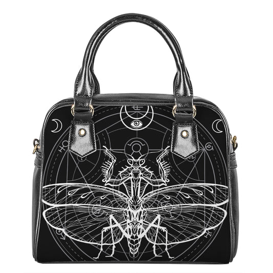 Black And White Mantis Spirit Print Shoulder Handbag
