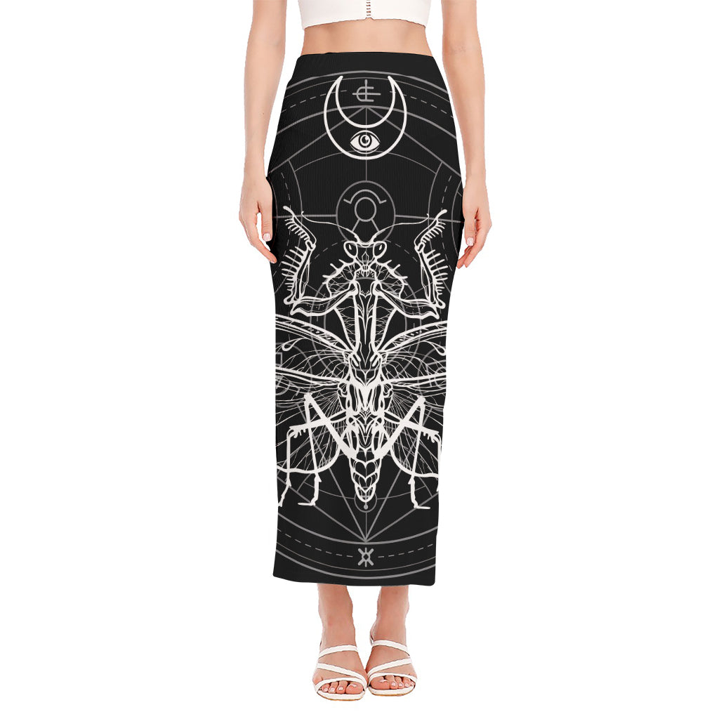 Black And White Mantis Spirit Print Side Slit Maxi Skirt
