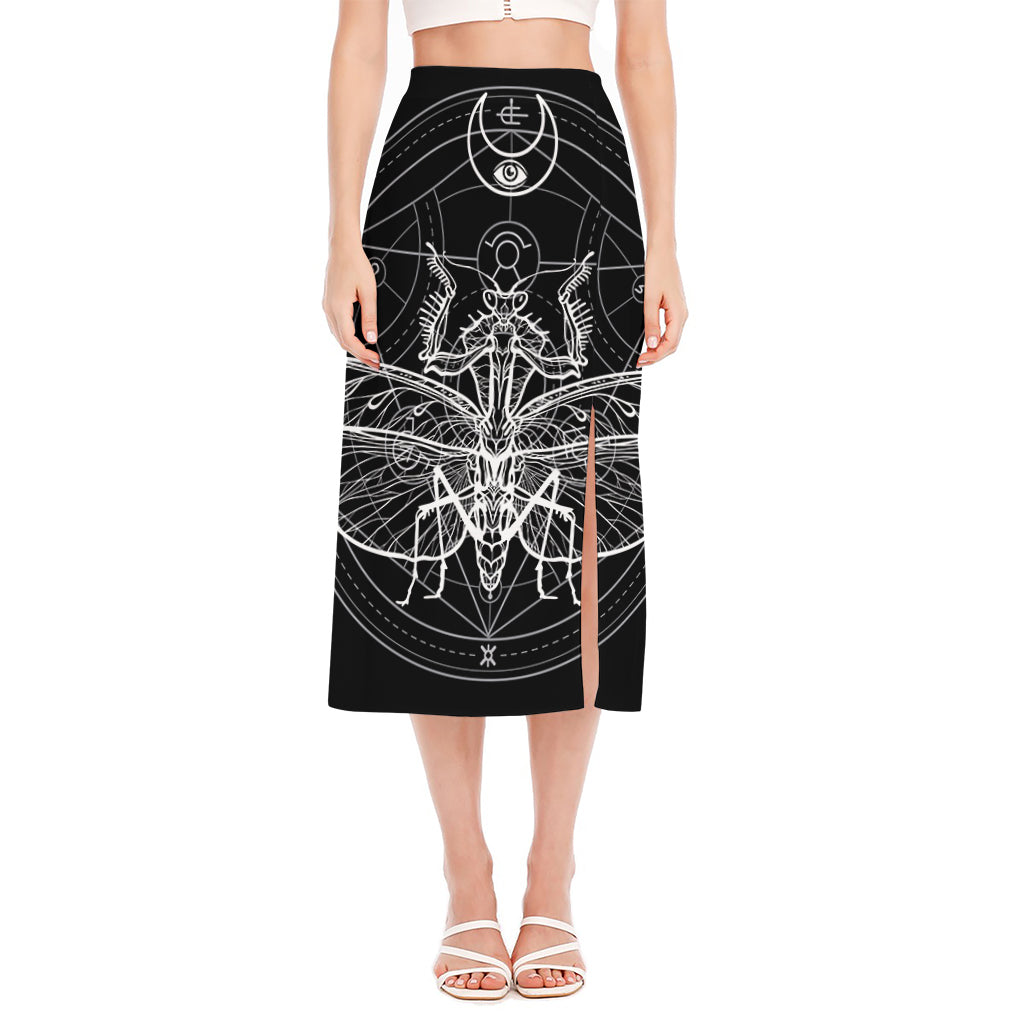 Black And White Mantis Spirit Print Side Slit Midi Skirt