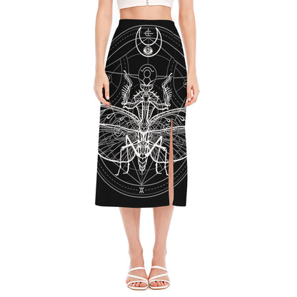 Black And White Mantis Spirit Print Side Slit Midi Skirt