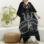 Black And White Mantis Spirit Print Silk V-Neck Kaftan Dress